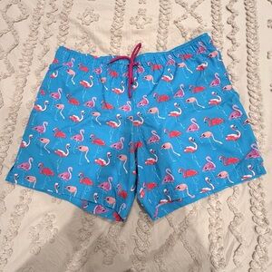 George Men's Blue Swim Trunks with Pink Flamingo Print